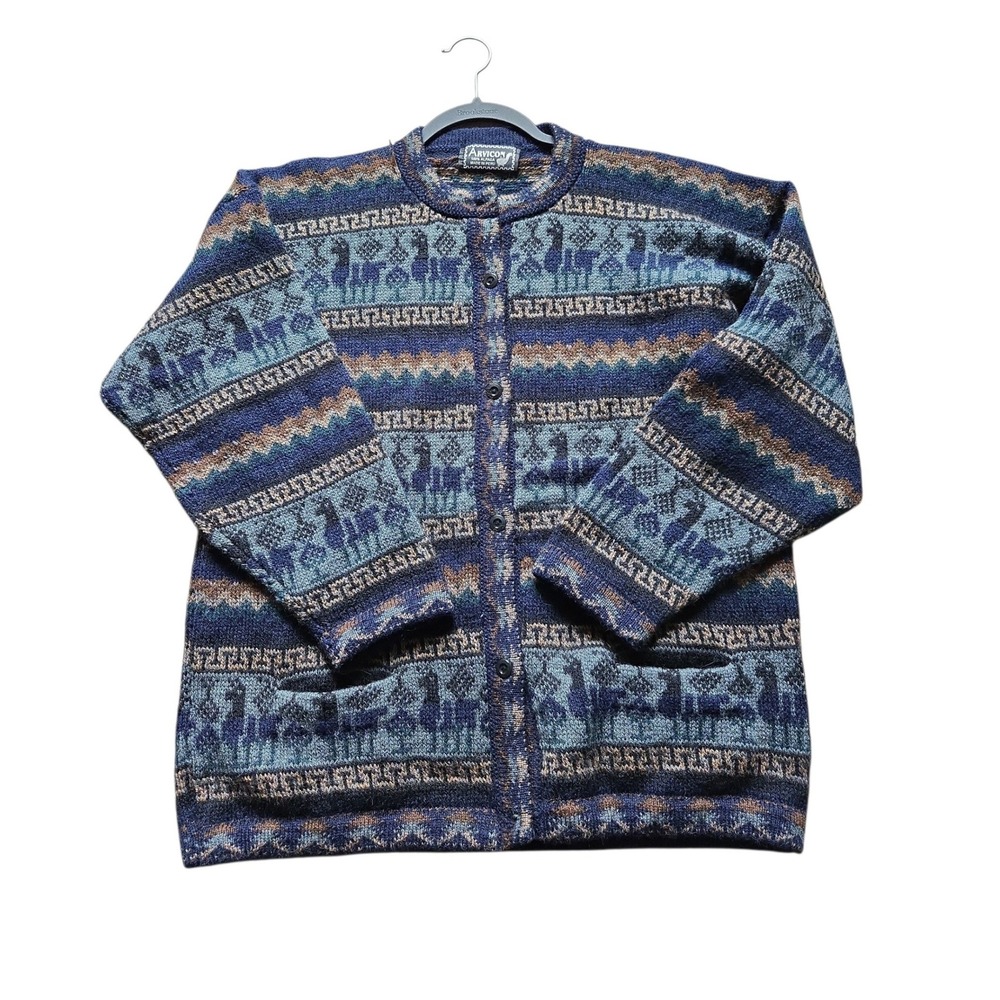 Arvicon Womens 100% Alpaca Wool Cardigan Sweater Llama Knit Made in Peru Blue L